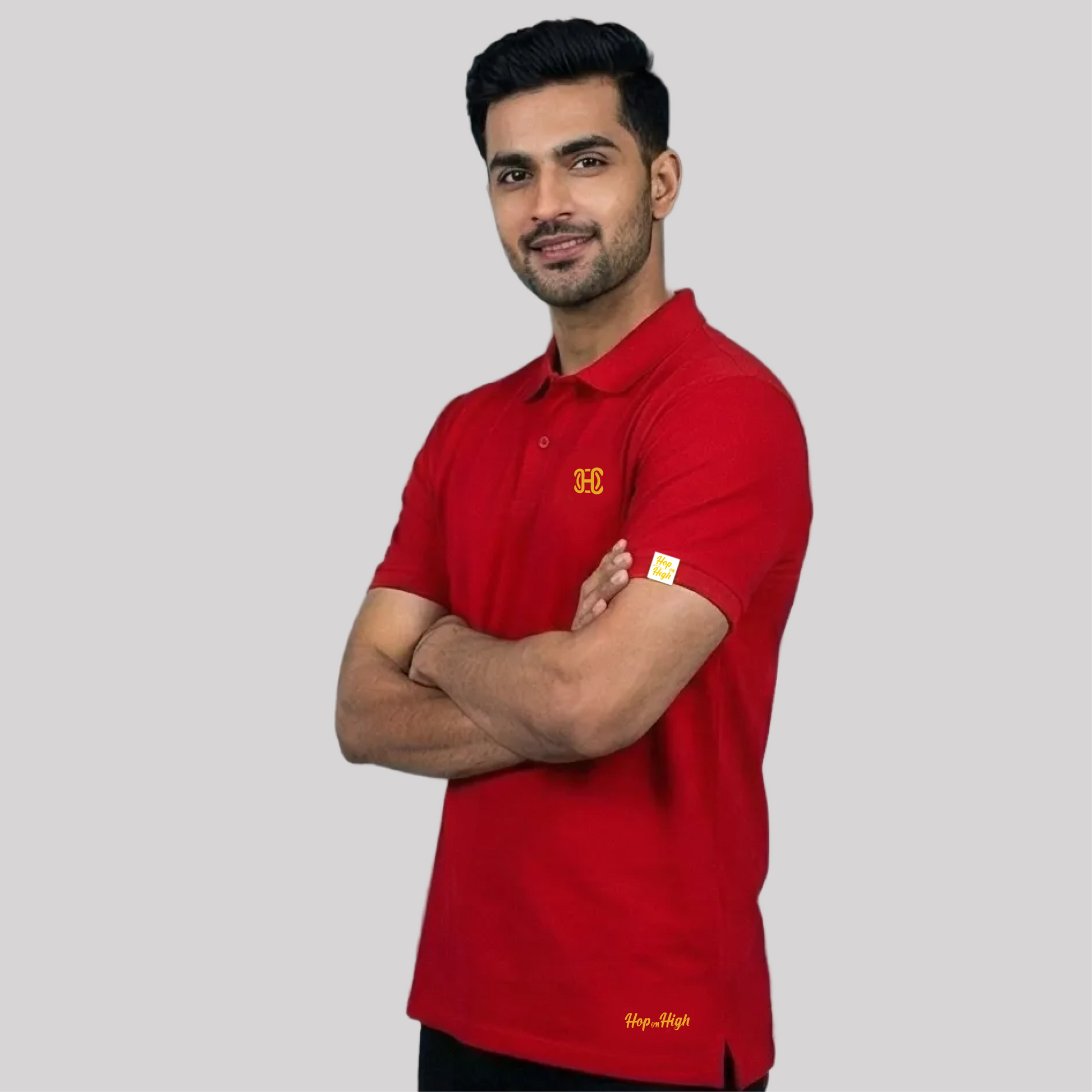  red polo shirt with a logo