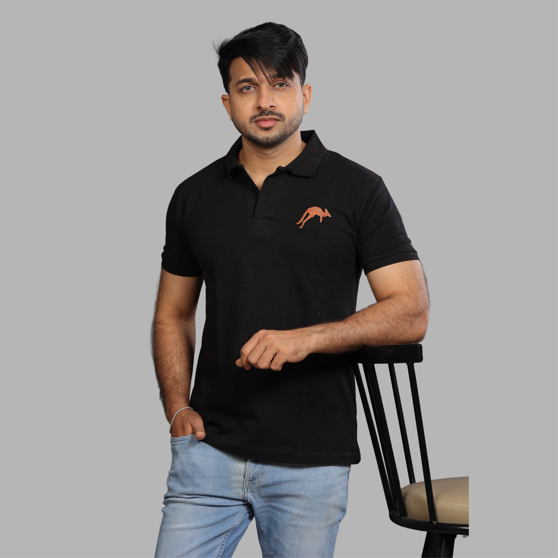 Black Polo with Embroidered Kangaroo