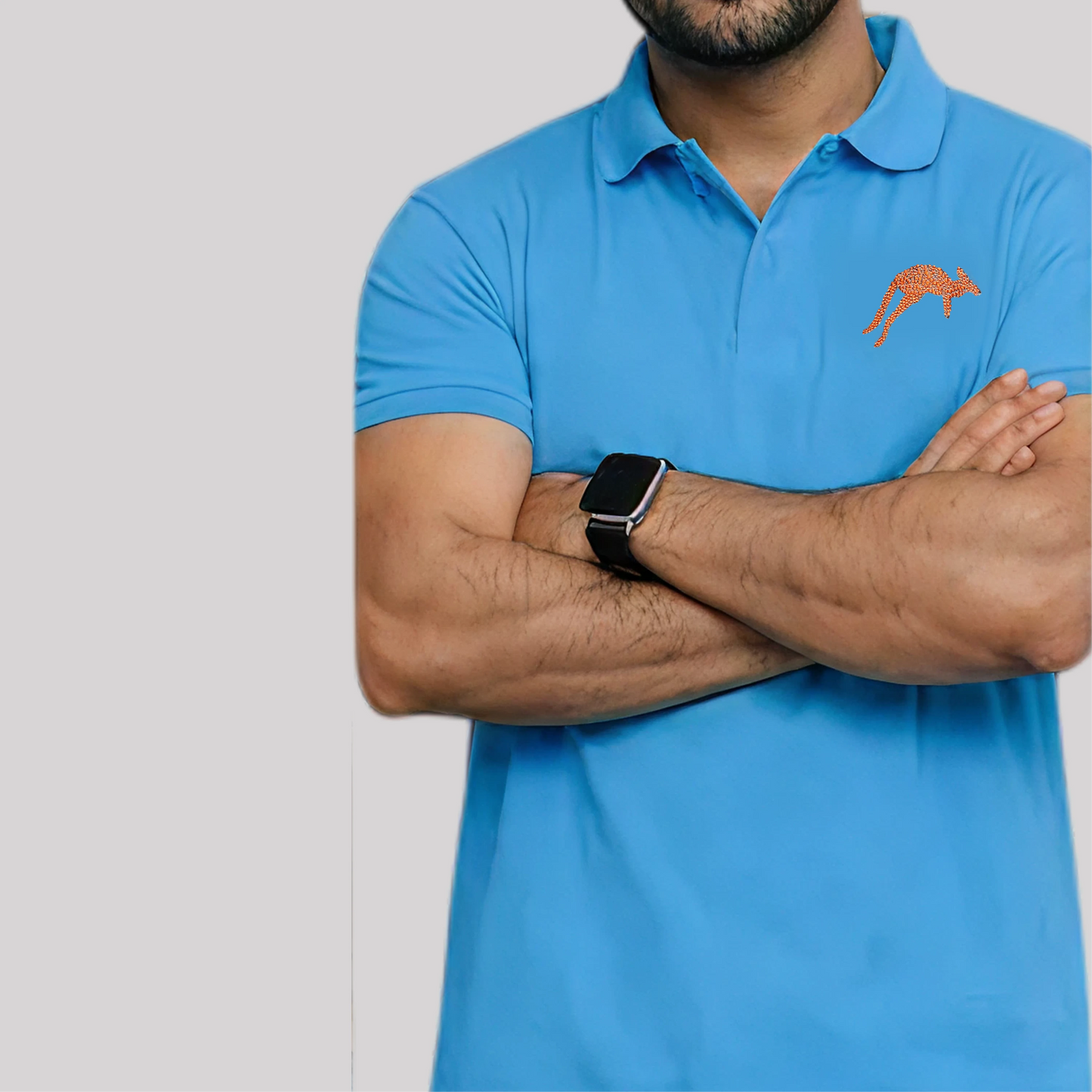 blue polo shirt