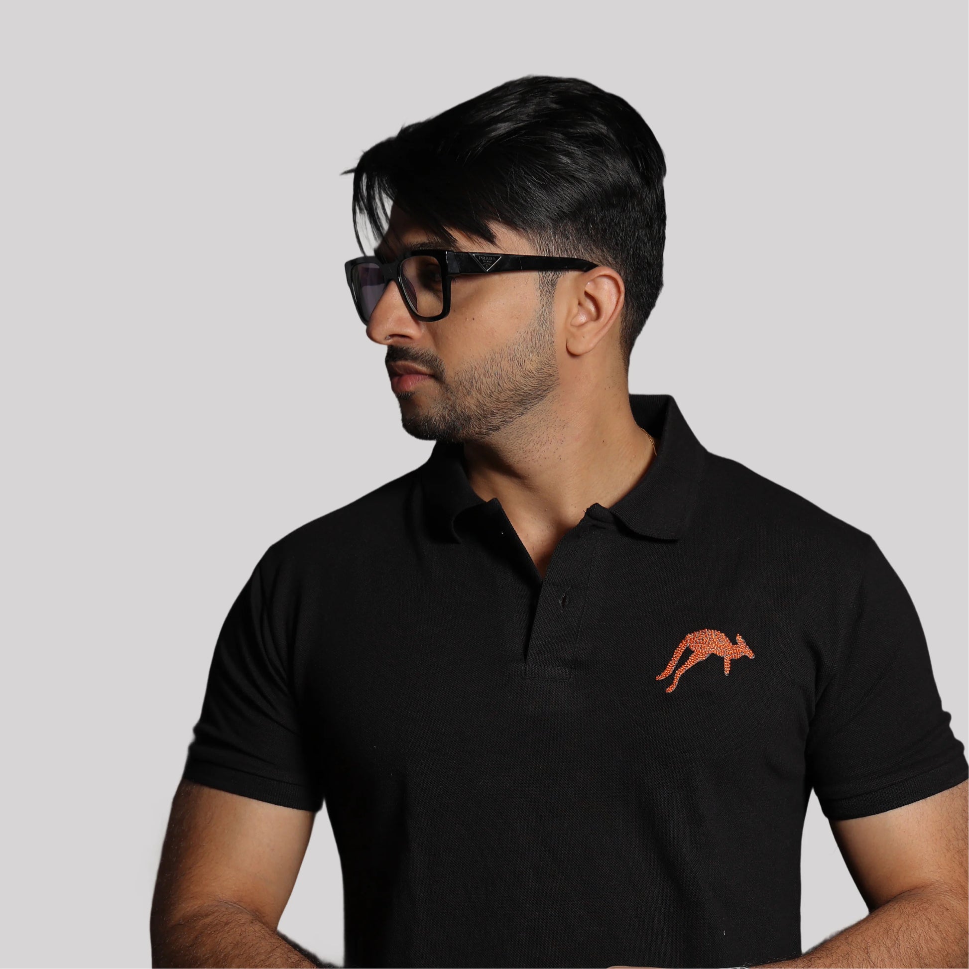 Black Polo Tee with Embroidered Kangaroo