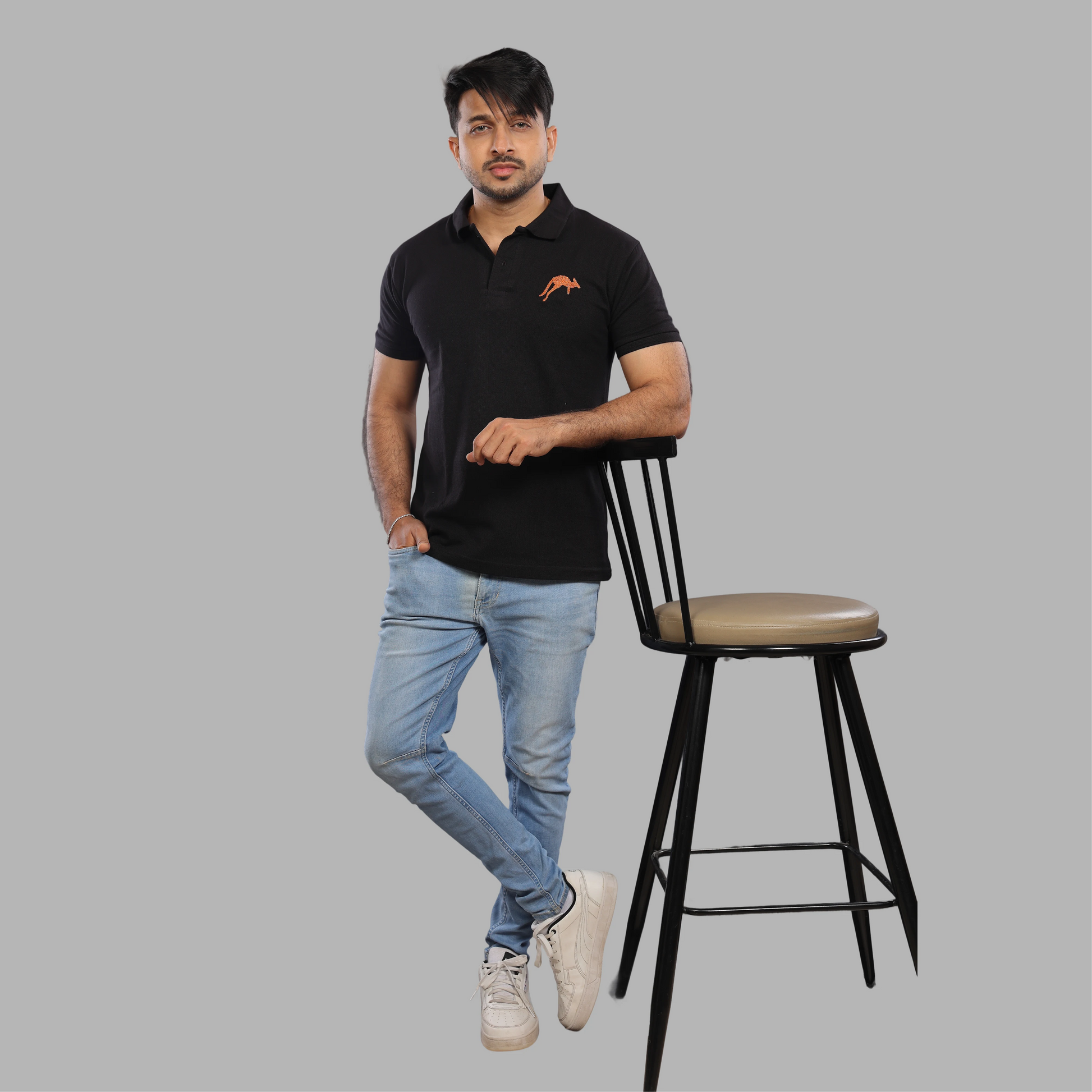 Black Polo with Embroidered Kangaroo