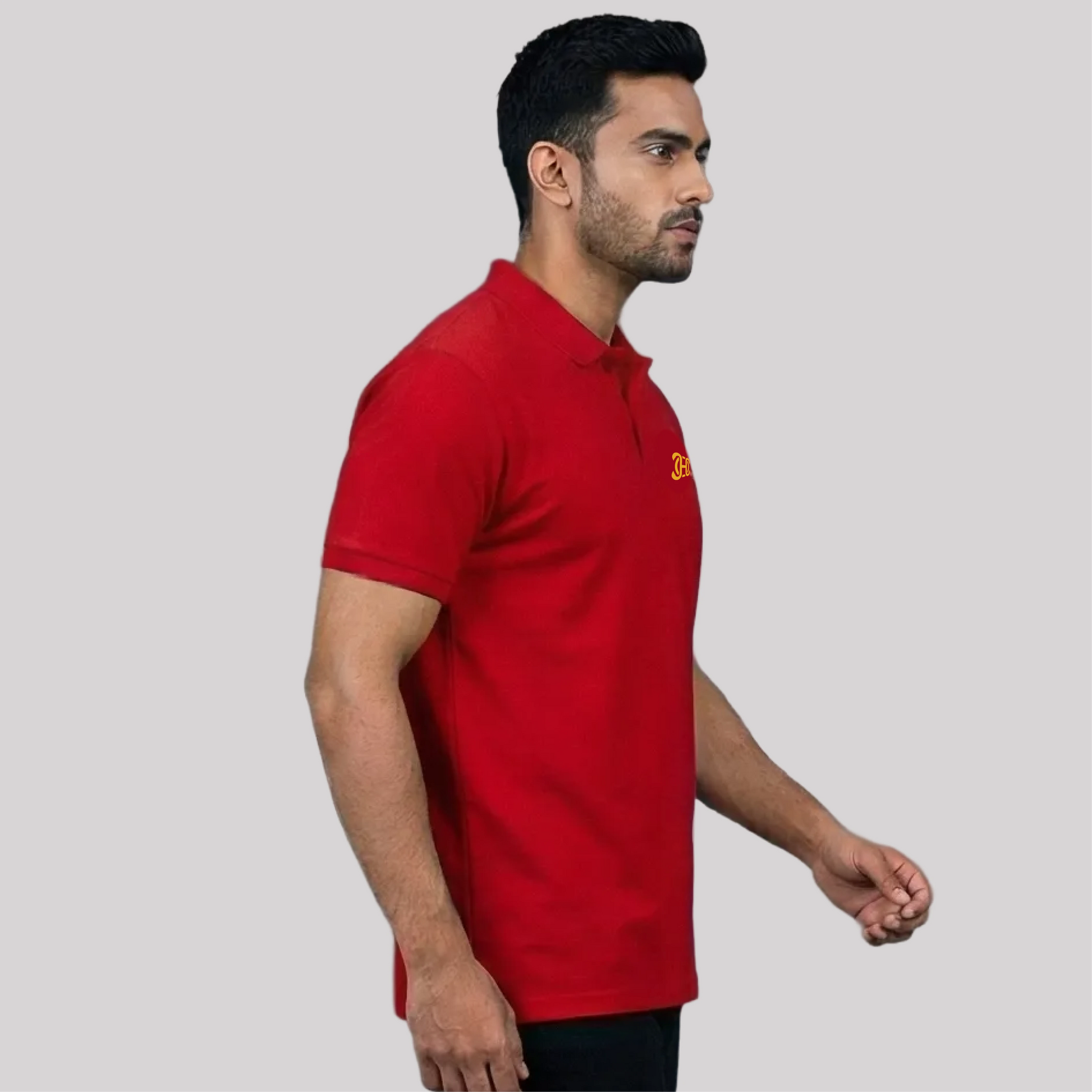  red polo shirt with a logo