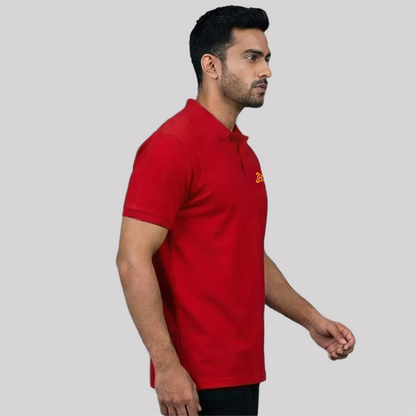  red polo shirt with a logo