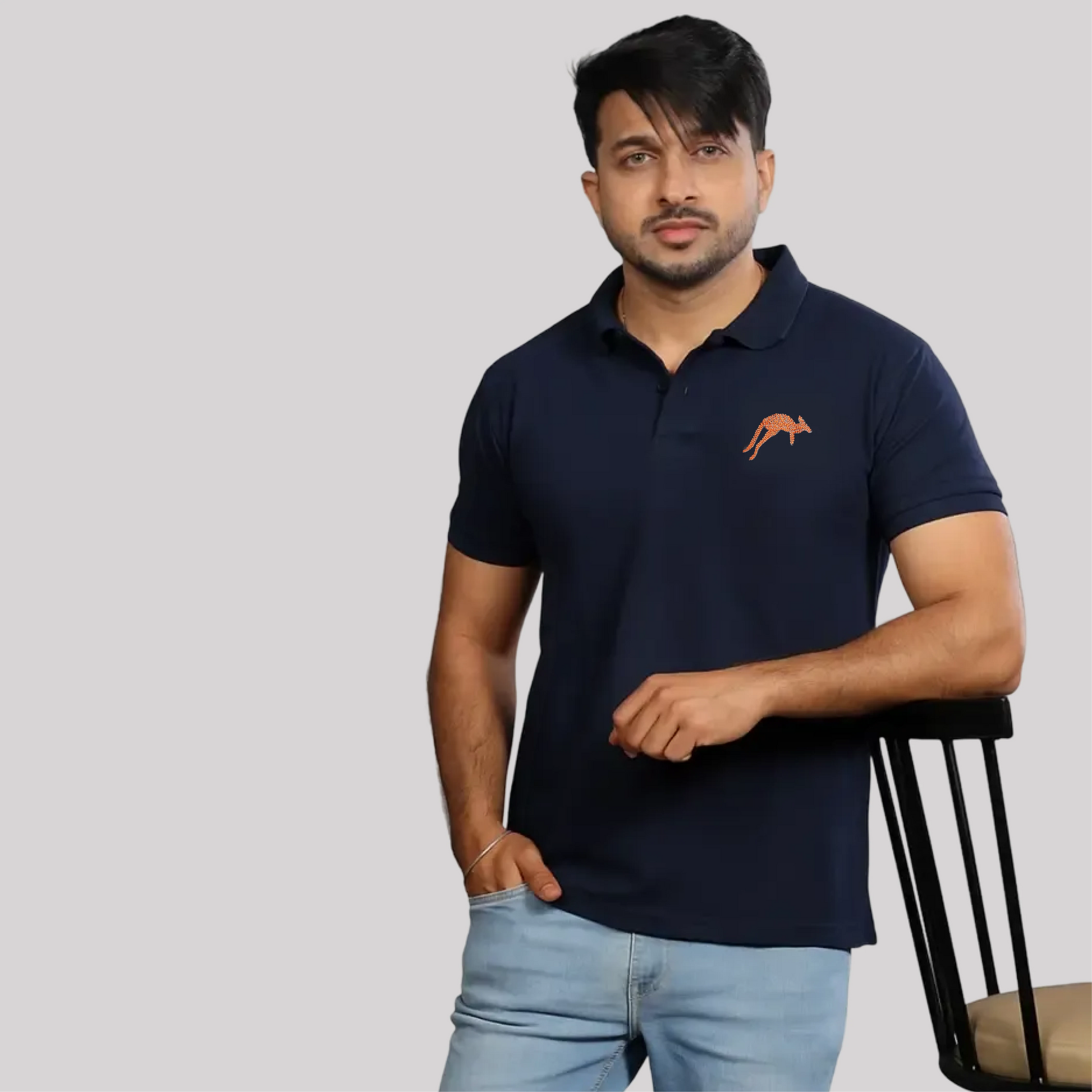 navy blue polo shirt with embroidered kangaroo