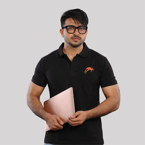 Black Polo Tee with Embroidered Kangaroo