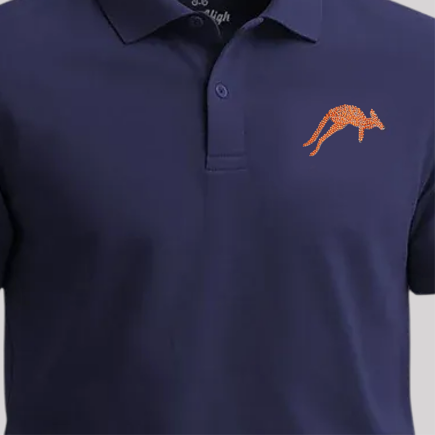 navy blue polo shirt with embroidered kangaroo