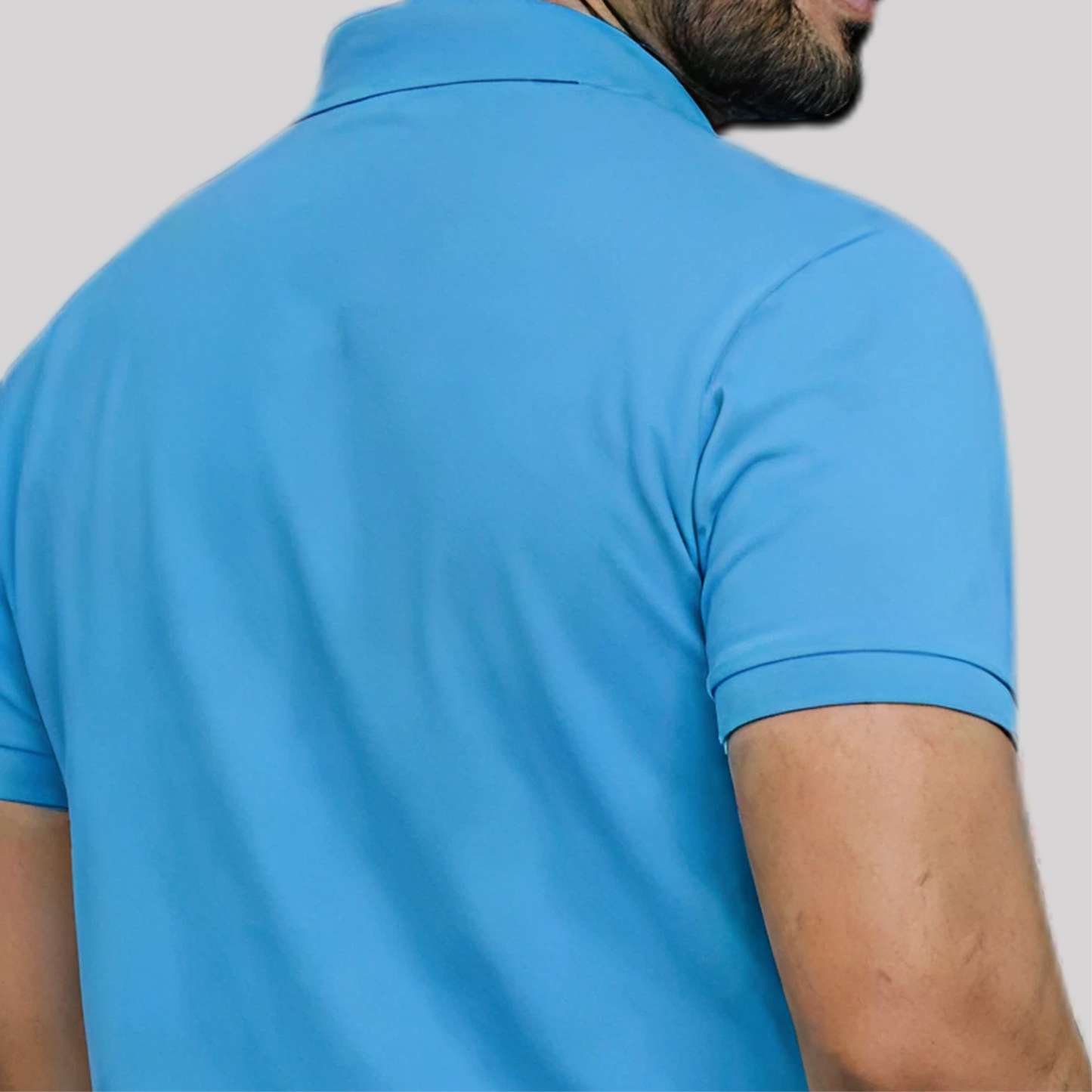 blue polo shirt