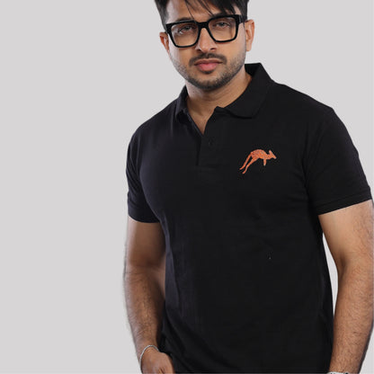 Black Polo Tee with Embroidered Kangaroo