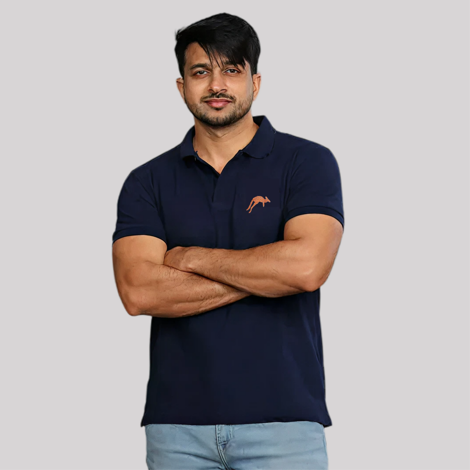 navy blue polo shirt with embroidered kangaroo