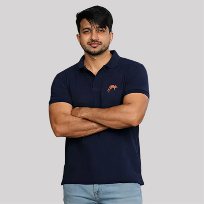 navy blue polo shirt with embroidered kangaroo