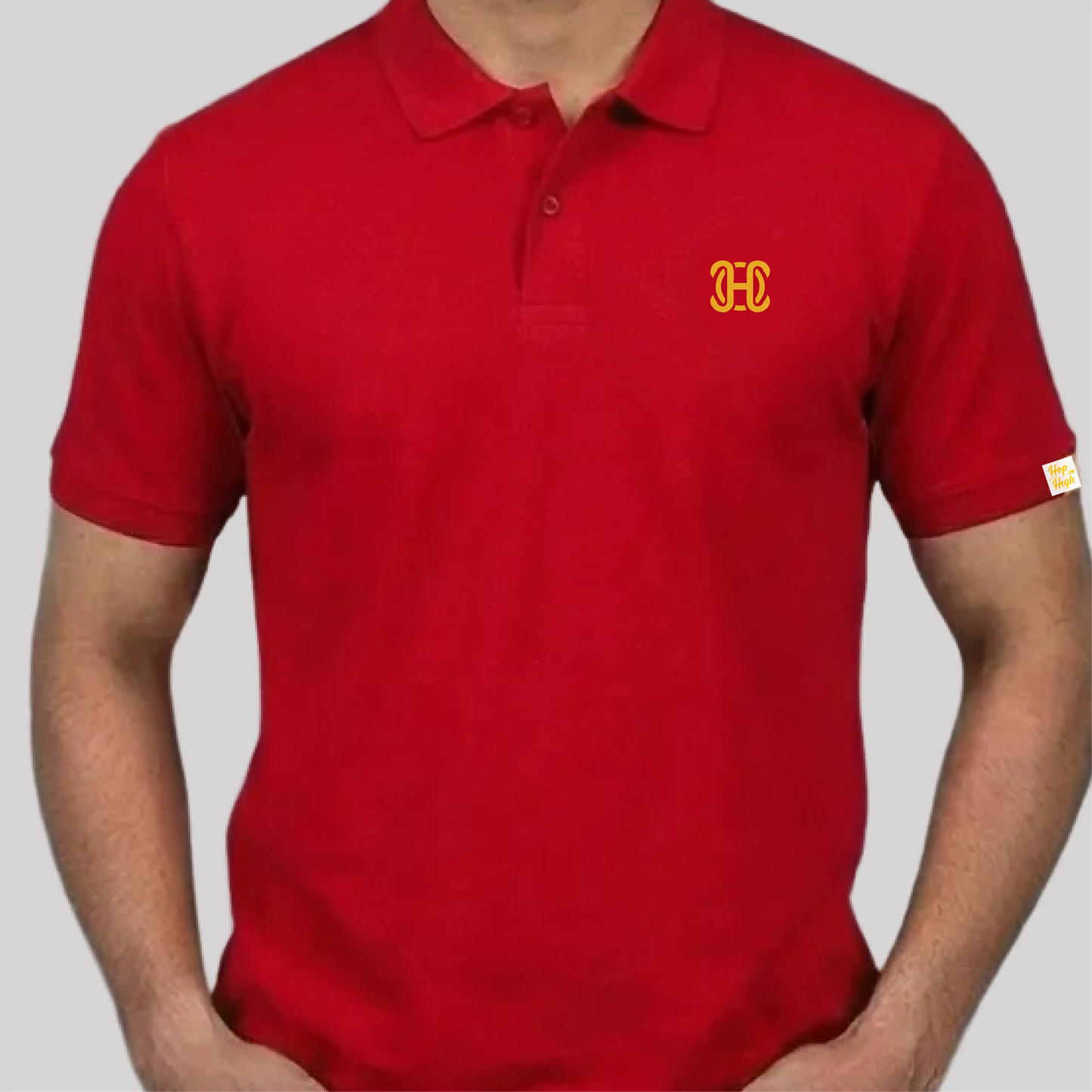 Red polo shirt with a yellow logo