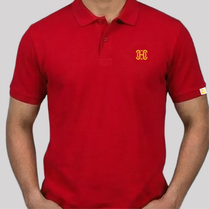 Red polo shirt with a yellow logo