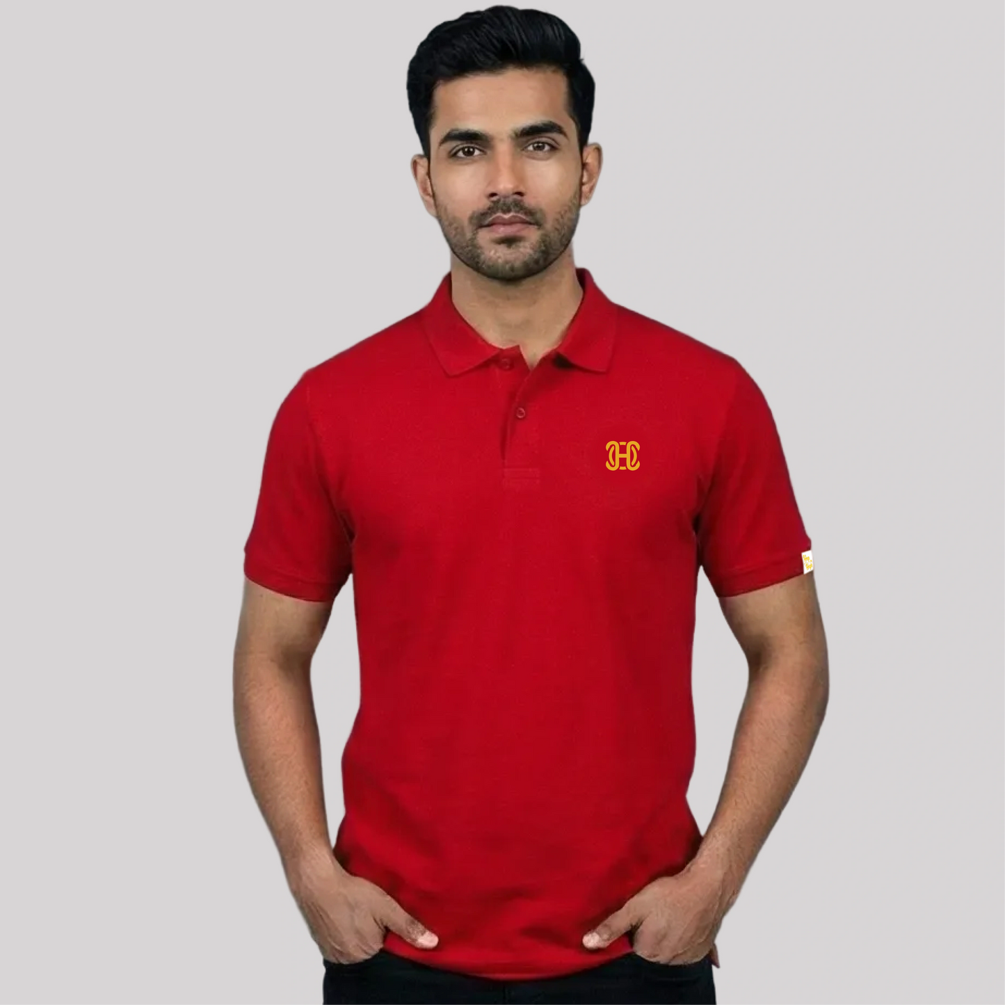red polo shirt with embroidered logo