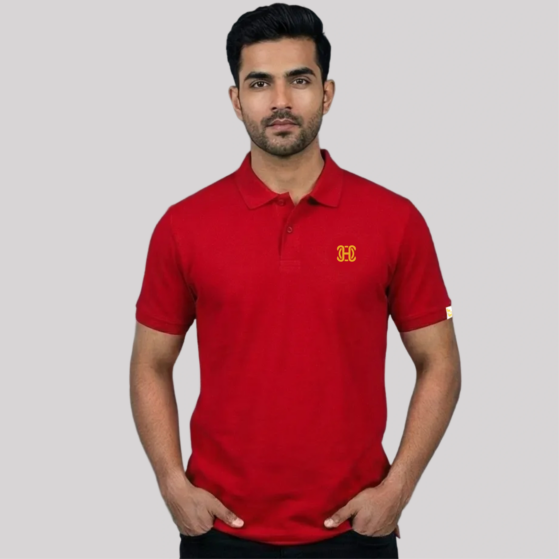 red polo shirt with embroidered logo