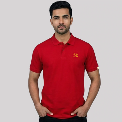 red polo shirt with embroidered logo