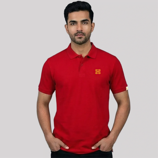 red polo shirt with embroidered logo